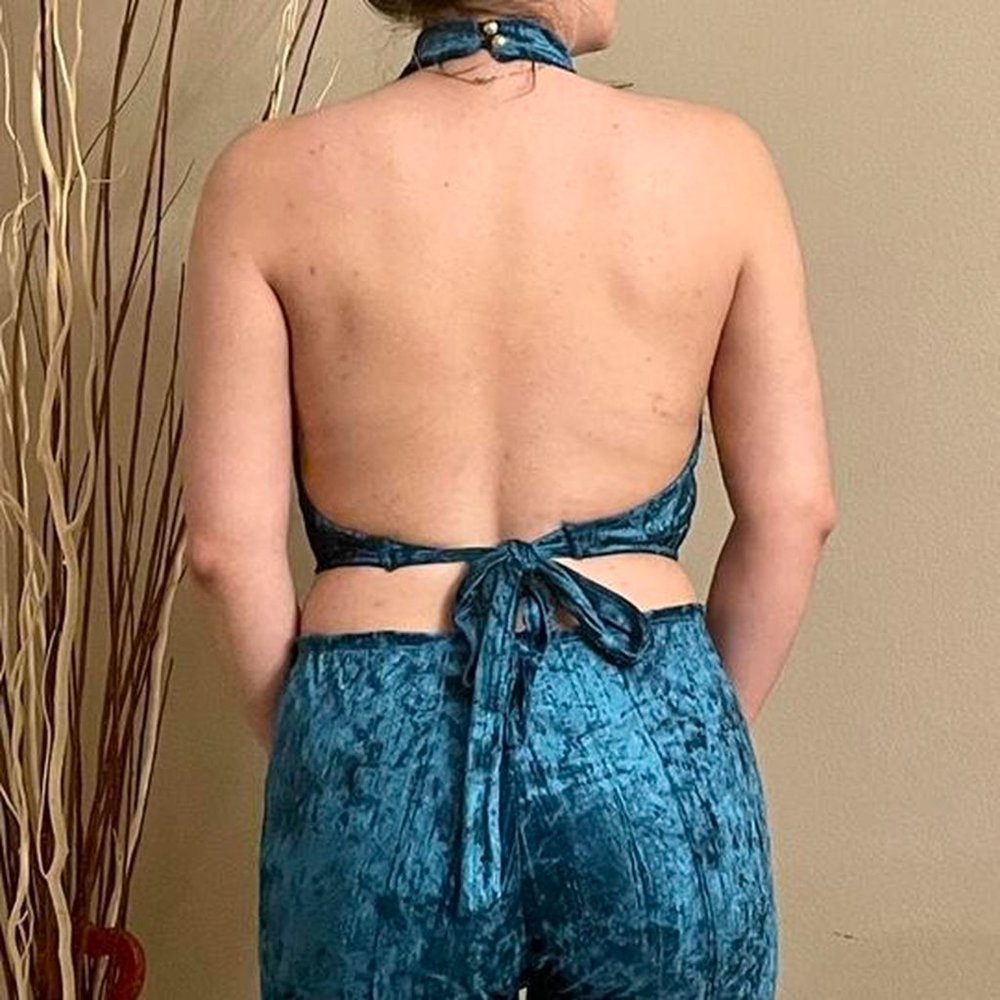 Blue Crushed Velvet Crop Halter Top - Picture 3 of 3